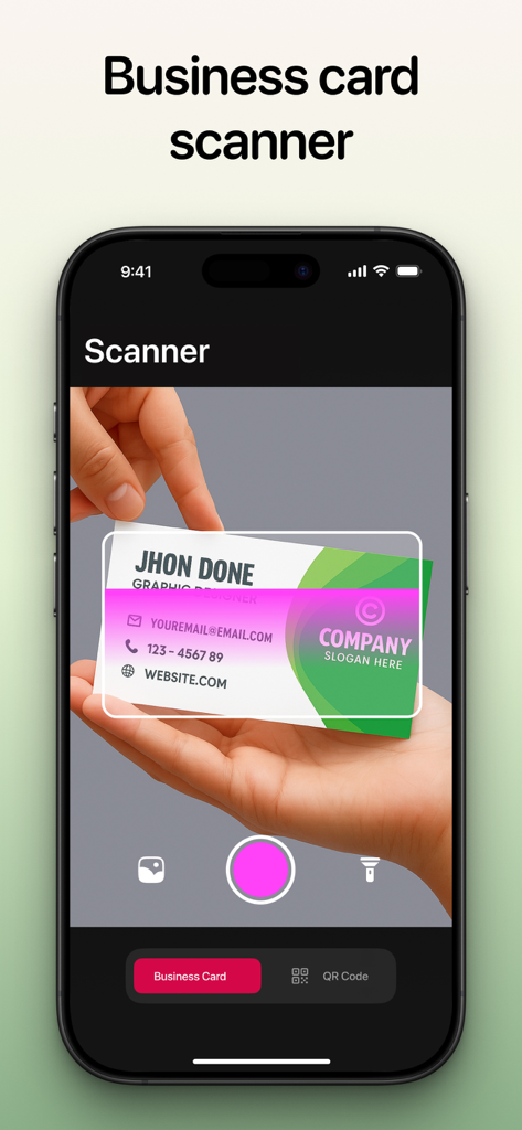 A smartphone app interface scanning a physical business card to digitize contact information