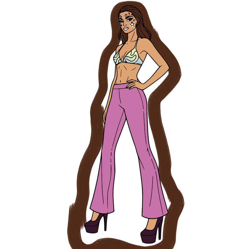 you are a supermodel, wearing flared trousers and a beautiful bikini top, with makeup, glitter, and stars on your face, and you are wearing very high heels.