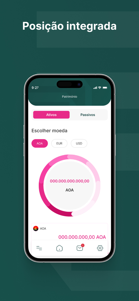 BCI Mobile app screen showing integrated asset position and currency options.