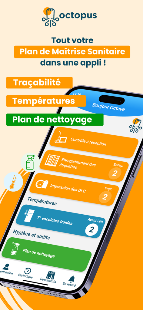 Octopus HACCP - Tableau de bord de l'application mobile Octopus HACCP affichant le plan de contrôle sanitaire numérique comprenant les relevés de température et de nettoyage
