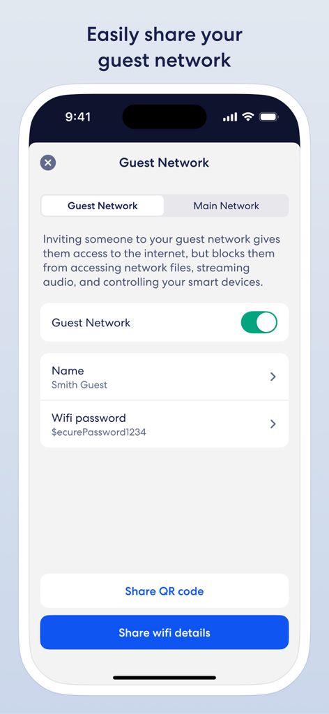 eero wifi system - QRコードを介してwifiの詳細を共有するオプションがある、eeroアプリのゲストネットワーク設定ページのスクリーンショット