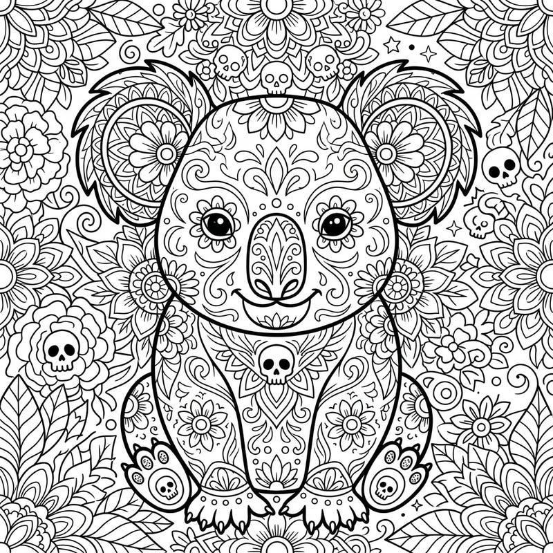 Embark on a creative journey with this unique coloring page featuring an adorable koala intricately designed with Day of the Dead motifs. Perfect for adults and teens, it blends cultural festivity with cuddly charm.