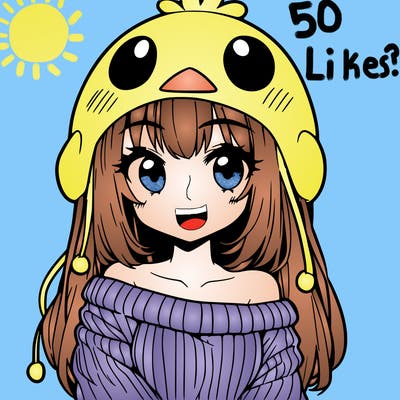 anime girl with chick shaped hat with sweater with bare shoulders with bangs covering them one eye with low tail