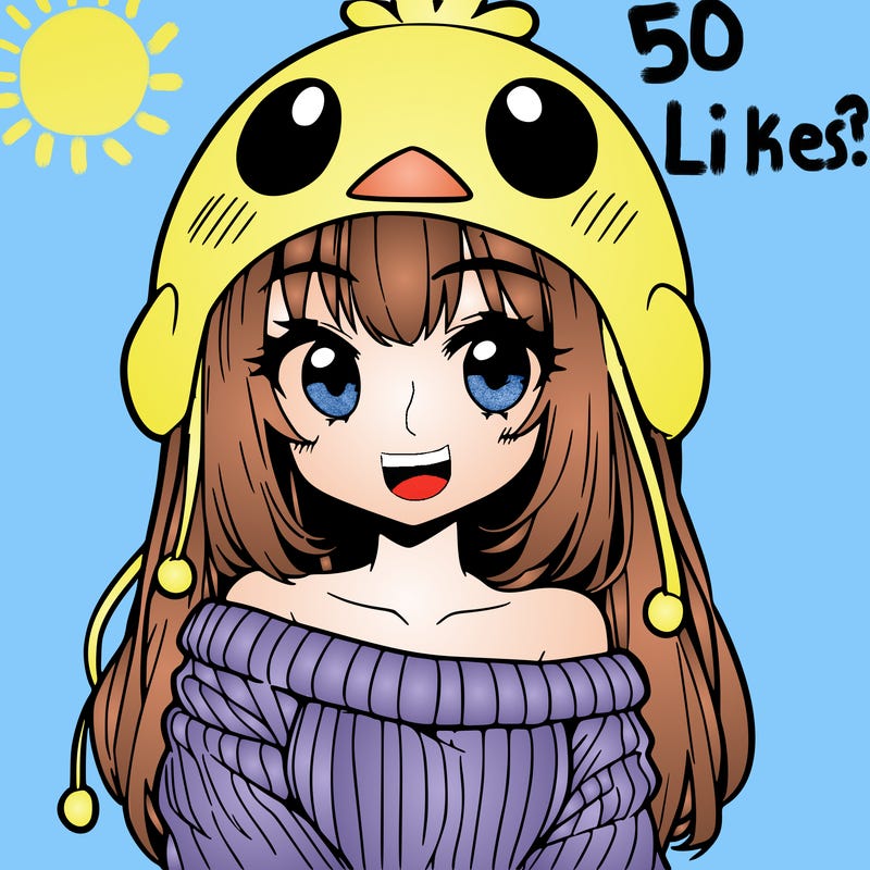 anime girl with chick shaped hat with sweater with bare shoulders with bangs covering them one eye with low tail