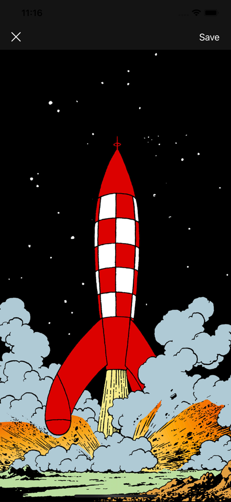 The Adventures of Tintin - Iconic red and white checkered rocket from Tintin Destination Moon landing on the lunar surface