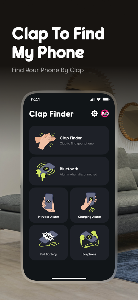 Clap to Find My Phone & Finder - La interfaz principal de la aplicación Clap to Find My Phone, destacando sus herramientas de recuperación y seguridad