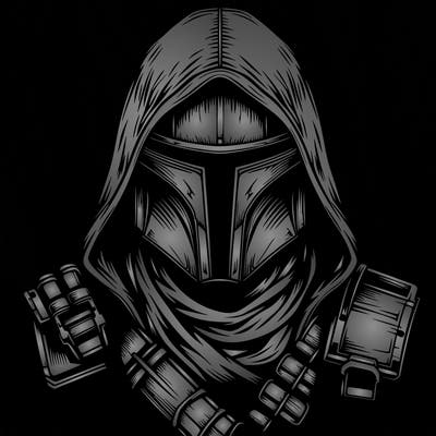 realistic warrior bounty hunter with mask and hood on