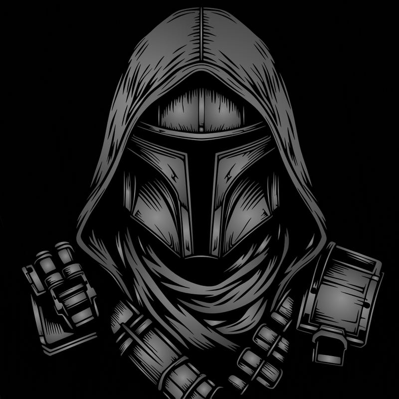 realistic warrior bounty hunter with mask and hood on