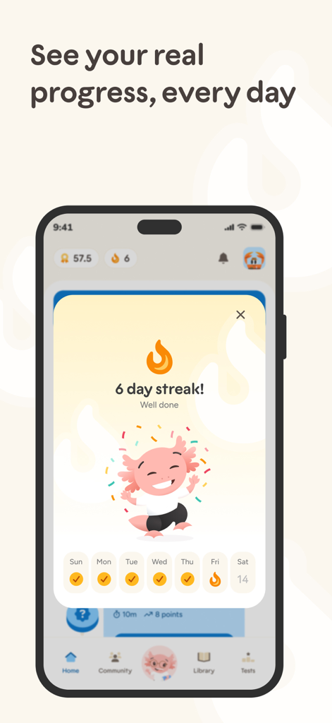 Educato app interface showing a 6 day study streak and progress tracking