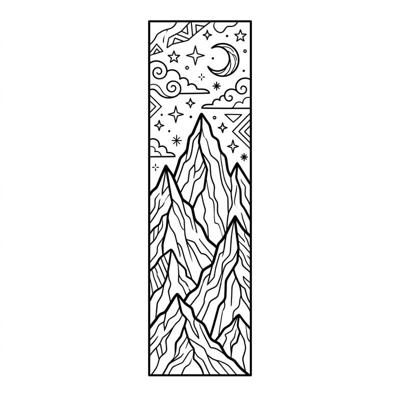 Journey to the serene heights with this captivating mountain peaks bookmark, designed for inspiring reading adventures. This printable coloring page beautifully combines dramatic landscapes with celestial accents, perfect for nature enthusiasts.