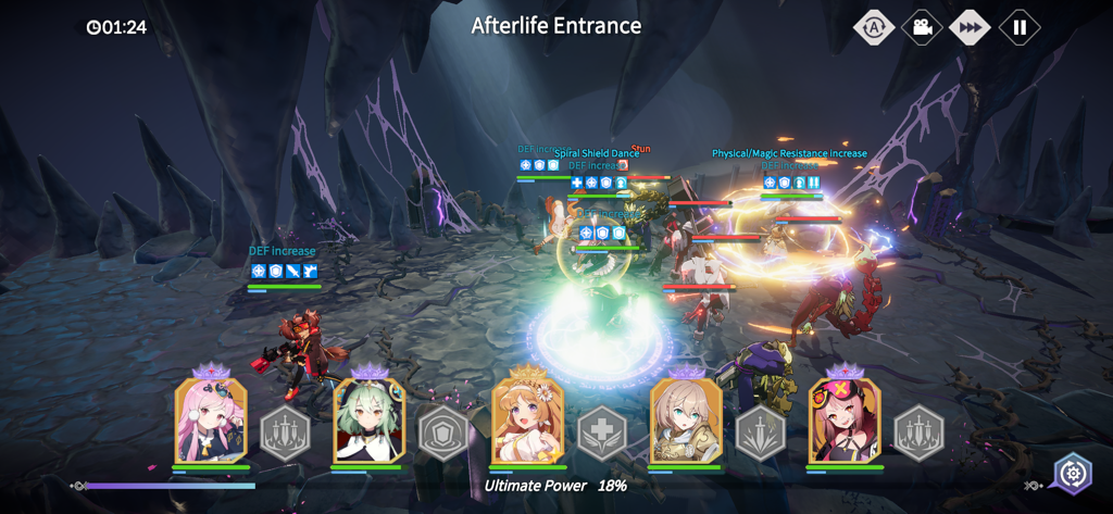 Eversoul - Eversoul gameplay screenshot showing a 3D anime battle with strategic character skills and UI elements