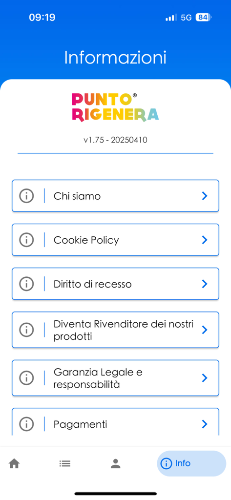 Punto Rigenera - Schermata informazioni dell'app Punto Rigenera che mostra collegamenti per informazioni aziendali, politiche e dettagli di pagamento