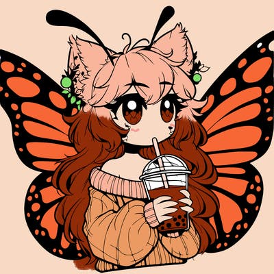 a realistic butterfly/furry girl drinking boba