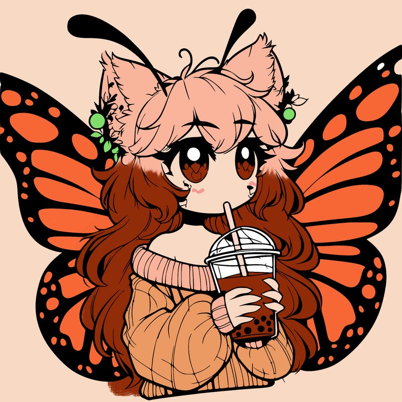 a realistic butterfly/furry girl drinking boba
