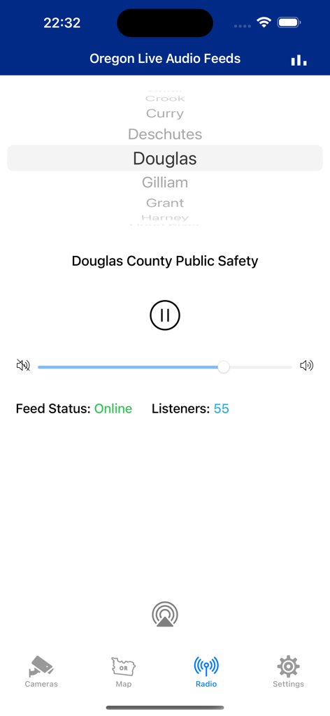 Mobile app screen displaying live audio feeds for Oregon public safety in Douglas County