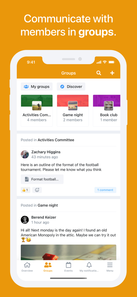Socie - Socie mobile app interface showing various community groups and member posts
