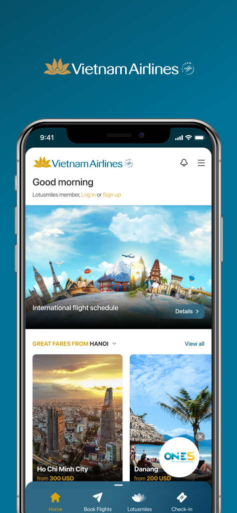 Pantalla de inicio de la aplicación móvil Vietnam Airlines que muestra horarios de vuelos y tarifas