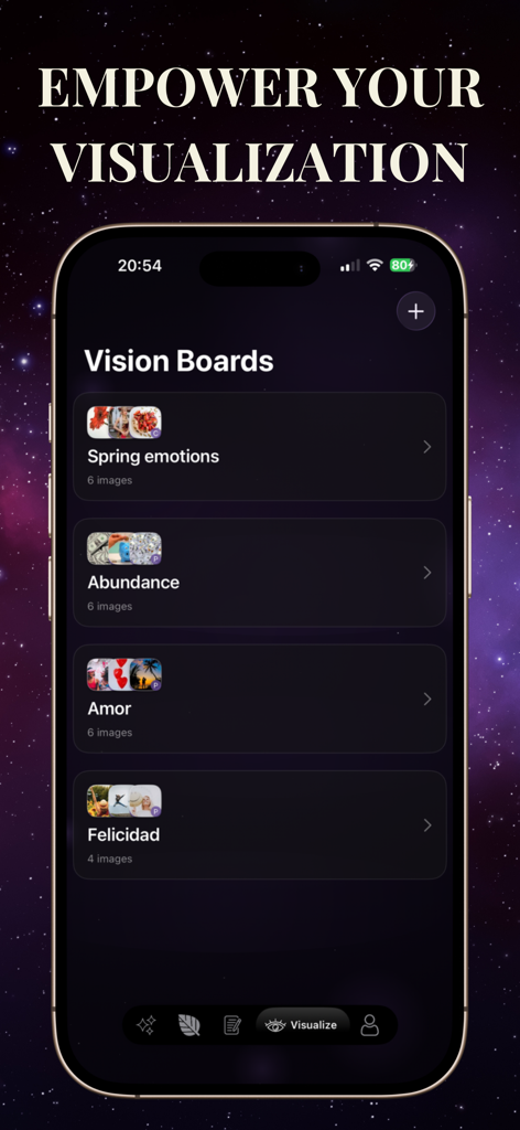 Secret Manifestation Journal - Ein Smartphone-Bildschirm, der den Abschnitt Vision Boards der Brilla-Manifestations-App mit Kategorien wie Fülle und Liebe zeigt.
