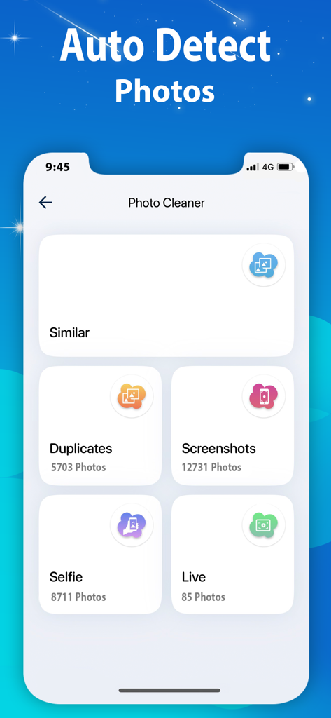 Boost Cleaner -Clean Up Smart° - Boost Cleaner app interface displaying categories for auto detecting similar photos duplicates screenshots and selfies