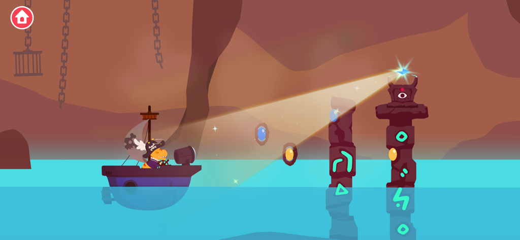 Dinosaur Pirate Games for kids - Dinosaur pirate ship projecting a light beam to solve a physics puzzle