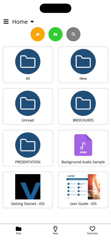 vablet - The vablet app home dashboard displaying organized folders for sales brochures presentations and user guides