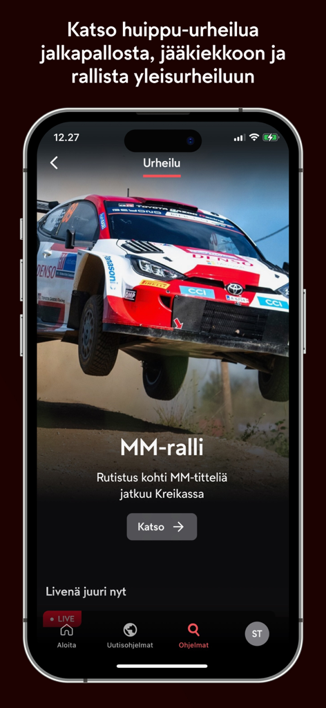 MTV Katsomo - Screenshot of the MTV Katsomo app showing World Rally Championship coverage and sports categories