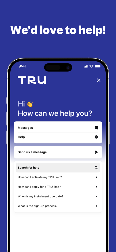 Tela de ajuda ao cliente do aplicativo TRU com seção de Perguntas Frequentes e opções de mensagens de suporte