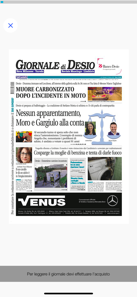 Il Giornale di Desio - Una visualizzazione della prima pagina digitale del quotidiano locale Il Giornale di Desio all'interno dell'interfaccia dell'app