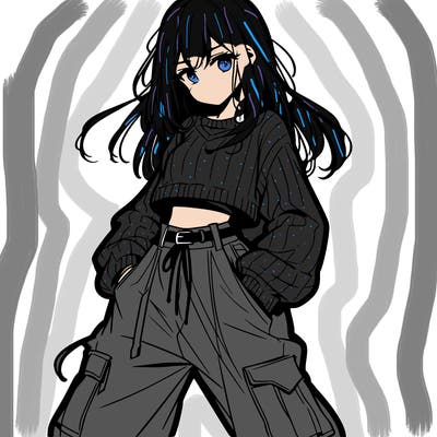 anime teen girl with baggy pants and crop top with sweater