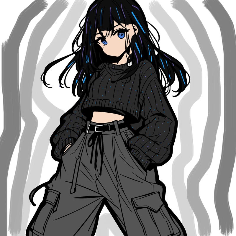 anime teen girl with baggy pants and crop top with sweater