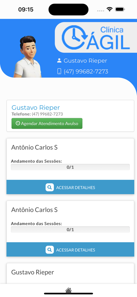 Clínica Ágil para pacientes - Panel de la aplicación del paciente Clínica Ágil para gestionar citas y el progreso de la sesión.