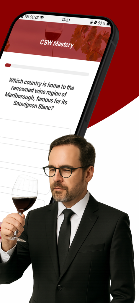 CSW Mastery - A professional man holding a glass of wine with a smartphone displaying a CSW Mastery study quiz question