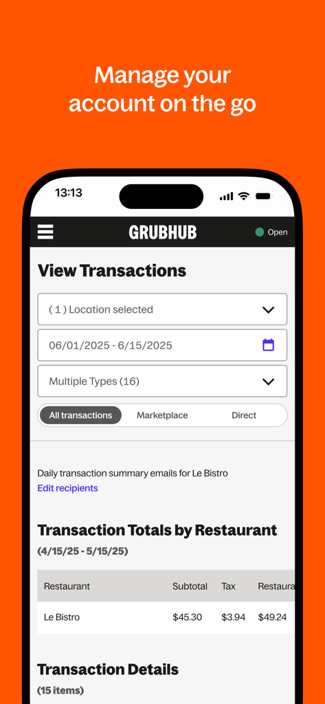 Grubhub for Restaurants - Mobile Transaktionszusammenfassungsbildschirm für Restaurantbesitzer in der Grubhub for Restaurants-App