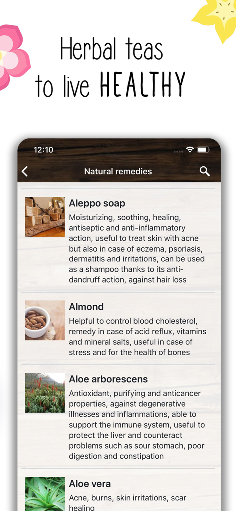 Natural Remedies: healthy life - A list of natural remedies including Aleppo soap and aloe in the Natural Remedies app