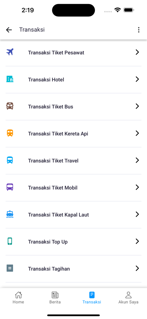 Darmawisata Indonesia - Transaction menu in the Darmawisata Indonesia app featuring options for flight, hotel, and transport bookings