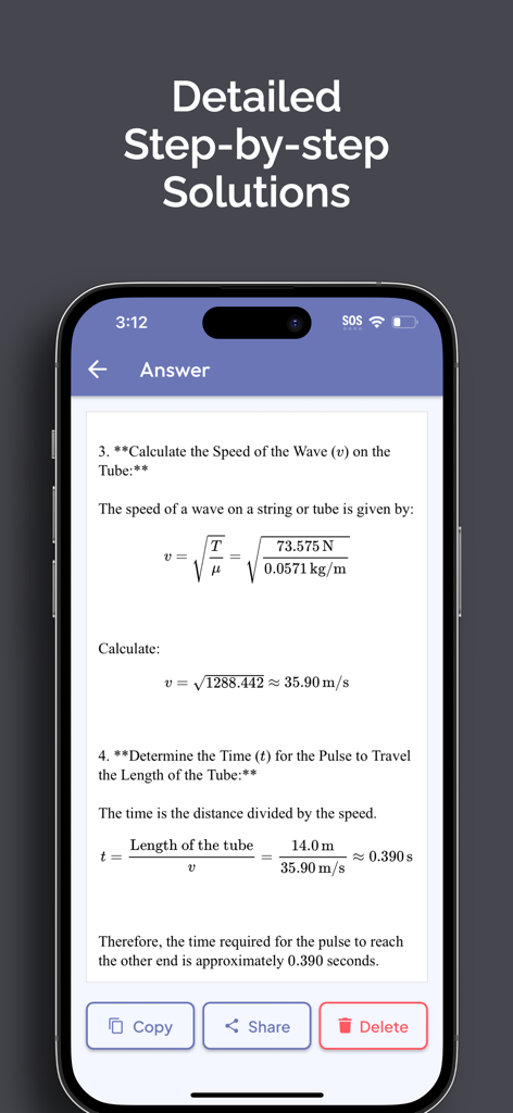 Physics Solver - Physics AI - A smartphone displaying a detailed step-by-step physics problem solution within the Physics Solver AI app interface