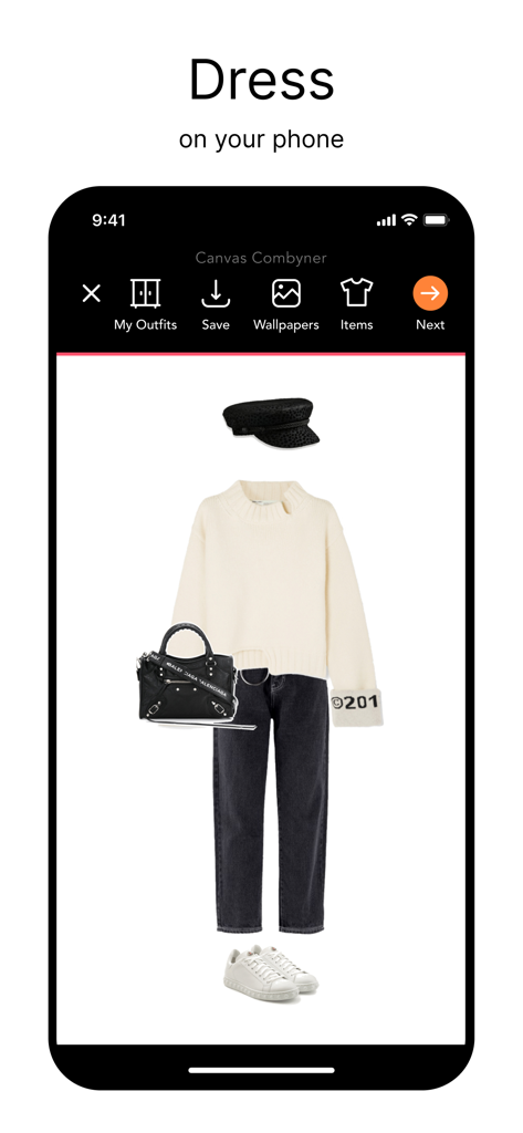 Interface do aplicativo Combyne mostrando um camarim virtual com um look estilizado, incluindo um suéter branco e jeans pretos