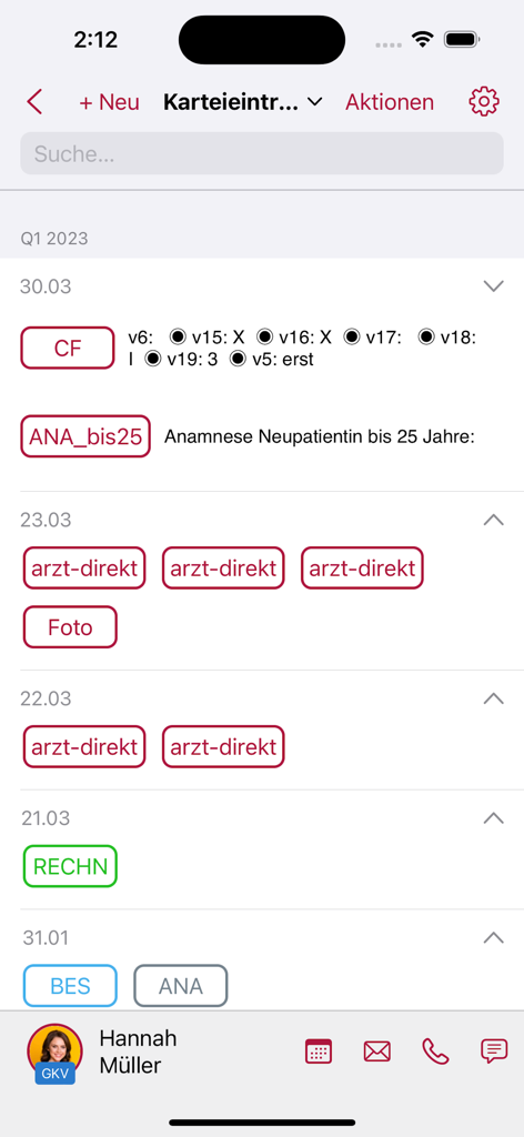 Screenshot der tomedo App, der die Krankengeschichte und das Profil eines Patienten zeigt.