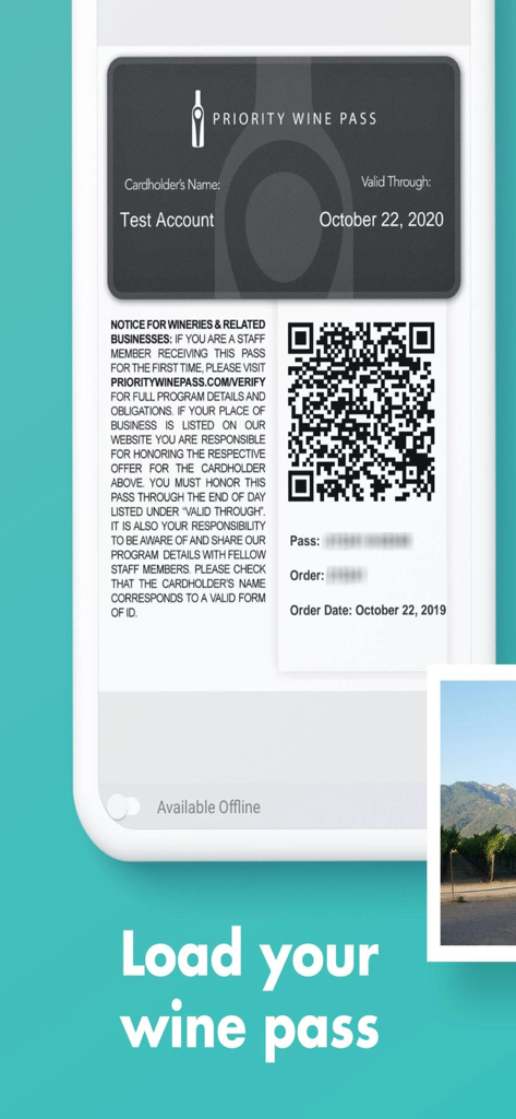 Priority Wine Pass - Digital membership card for Priority Wine Pass showing a QR code and cardholder information