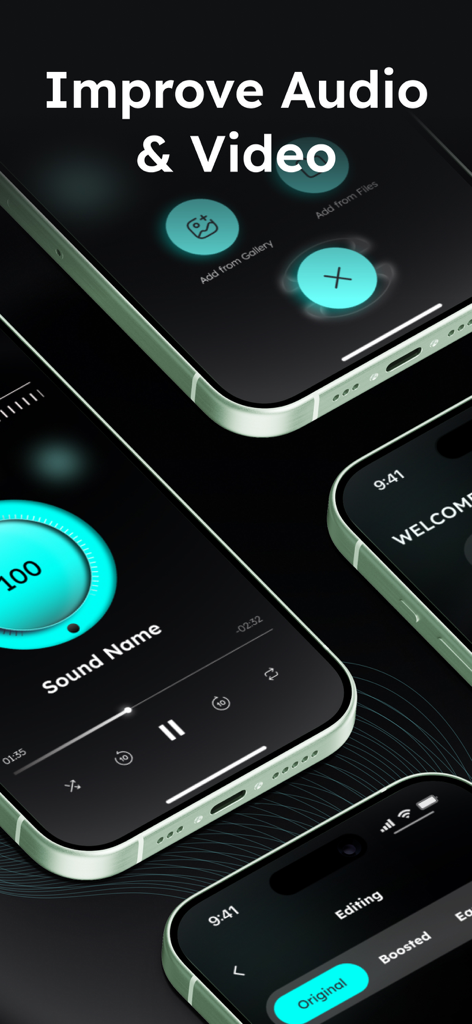 Music Equalizer: Audio Booster - Varias pantallas de iPhone que muestran la interfaz de la aplicación Music Equalizer para la mejora de audio y video