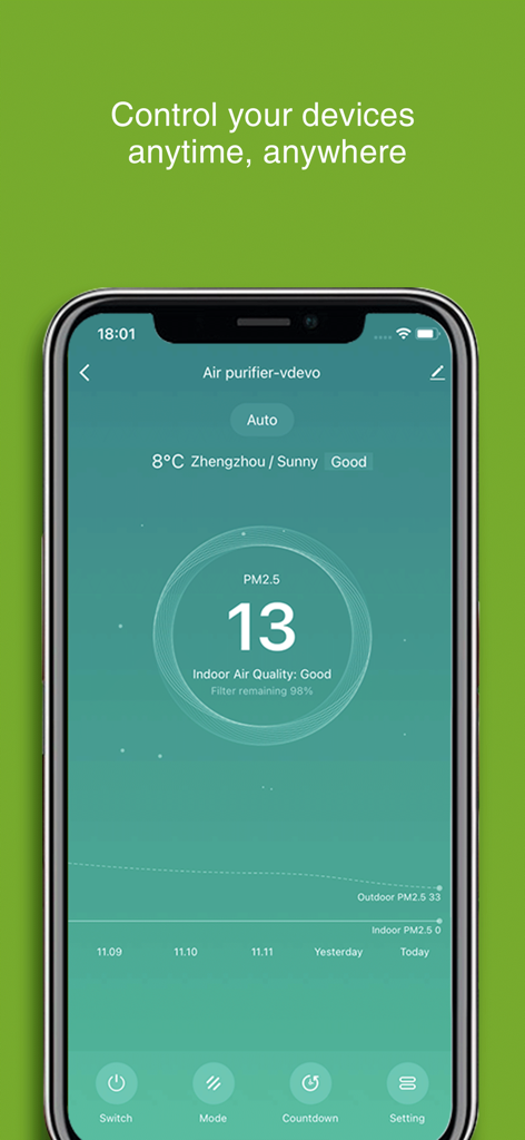 Pantalla de smartphone mostrando el panel del purificador de aire de la aplicación Havaworks con datos y controles de calidad del aire en tiempo real