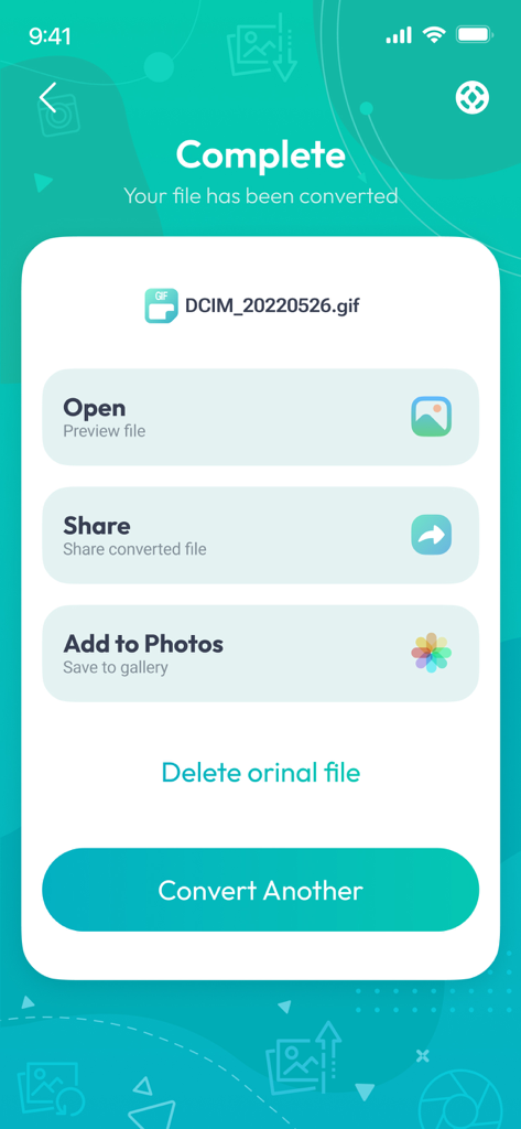 Image converter app showing a successful conversion complete screen with options to open share or save to photos