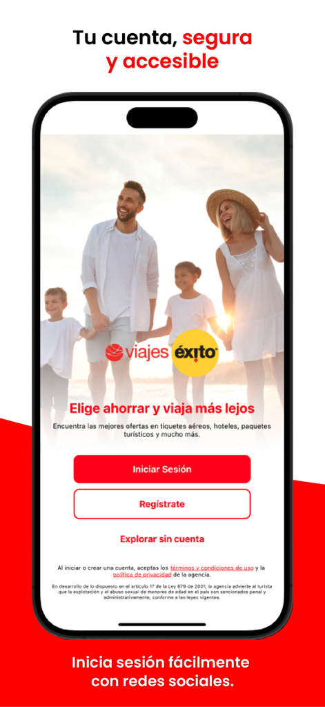 Viajes Éxito - Viajes Exitoアプリのログイン画面。ビーチで幸せそうな家族と、サインインまたは登録のオプションが表示されます。