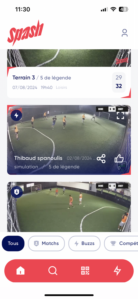 Mobile screen of the Spash app showing a feed of indoor soccer match videos and game statistics.