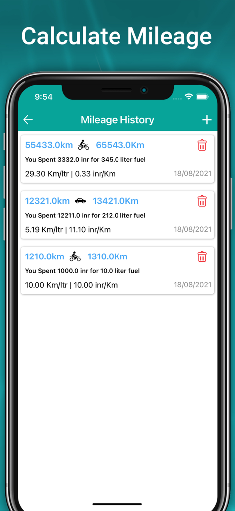 A screen showing the mileage history of different vehicles including fuel spent and cost per kilometer.