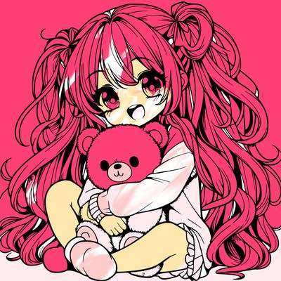 manga girl, long curly hair, happy, cuddling a teddy bear