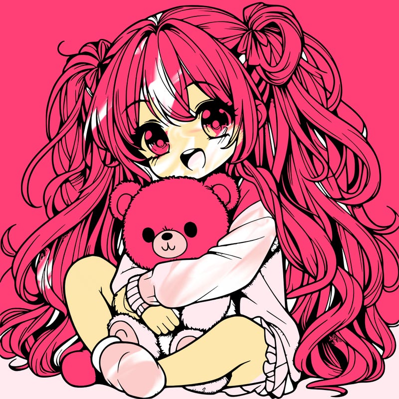 manga girl, long curly hair, happy, cuddling a teddy bear