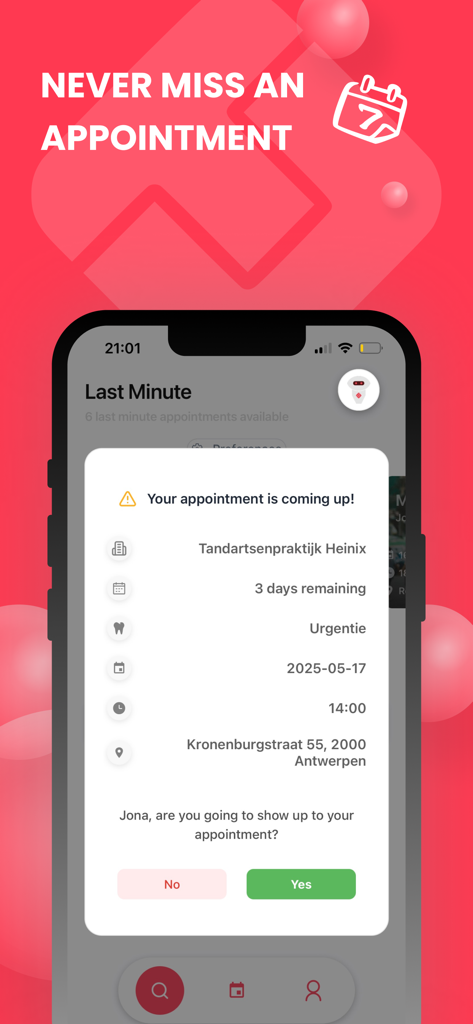TurnUp World - Un smartphone que muestra un recordatorio de cita médica en la aplicación TurnUp World con botones de confirmación.
