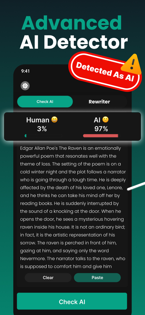 AI Detector - Undetectable AI - Interface of an AI detector app showing high AI probability for analyzed text