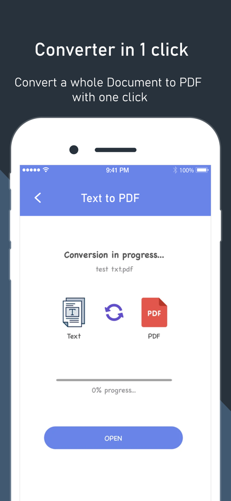PDF Converter App. - テキストドキュメントをPDFに変換中のモバイルアプリ画面